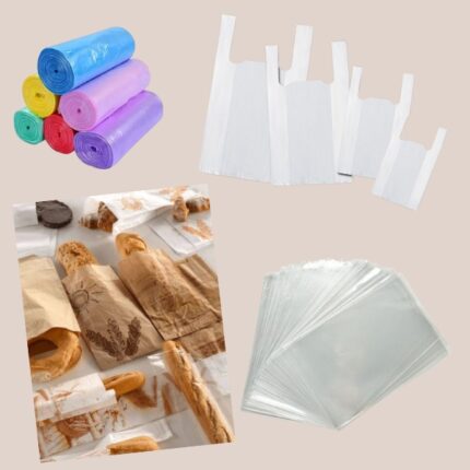 Bolsas de basura, camiseta, alimentación y papel