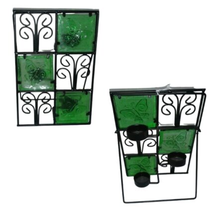 CANDELABRO HIERRO CON VIDRIERA 27CM