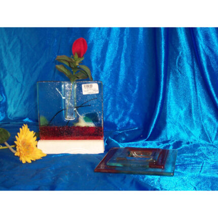 JUEGO MESA 4 PIEZAS FLORERO+3 CENTROS CRISTAL ROJO