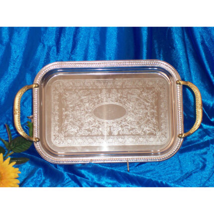 BANDEJA PLATEADA CROMO C/ASAS DORADAS