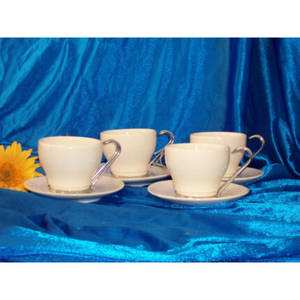 JUEGO TE PORCELANA 4 TAZAS+4 PLATOS CON ASAS ACERO INOX