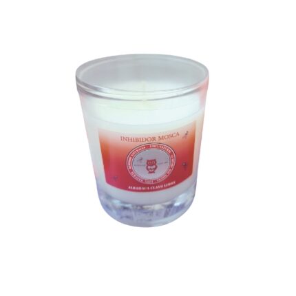 VELA EN VASO 190 GR ANTI MOSCA ALBAHACA/CLAVO/ LIMON BUHO ROJO 50 HORAS