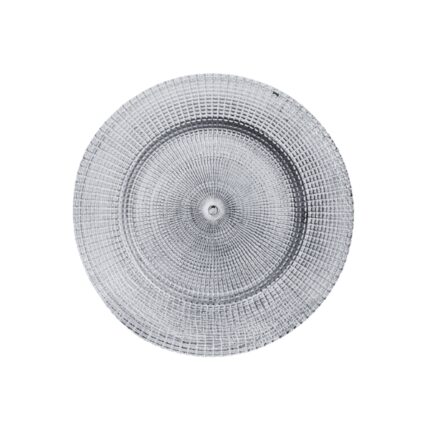 BAJO PLATO CRISTAL CON DECORADO CUADRADOS COLOR PLATEADO REF. 88443
